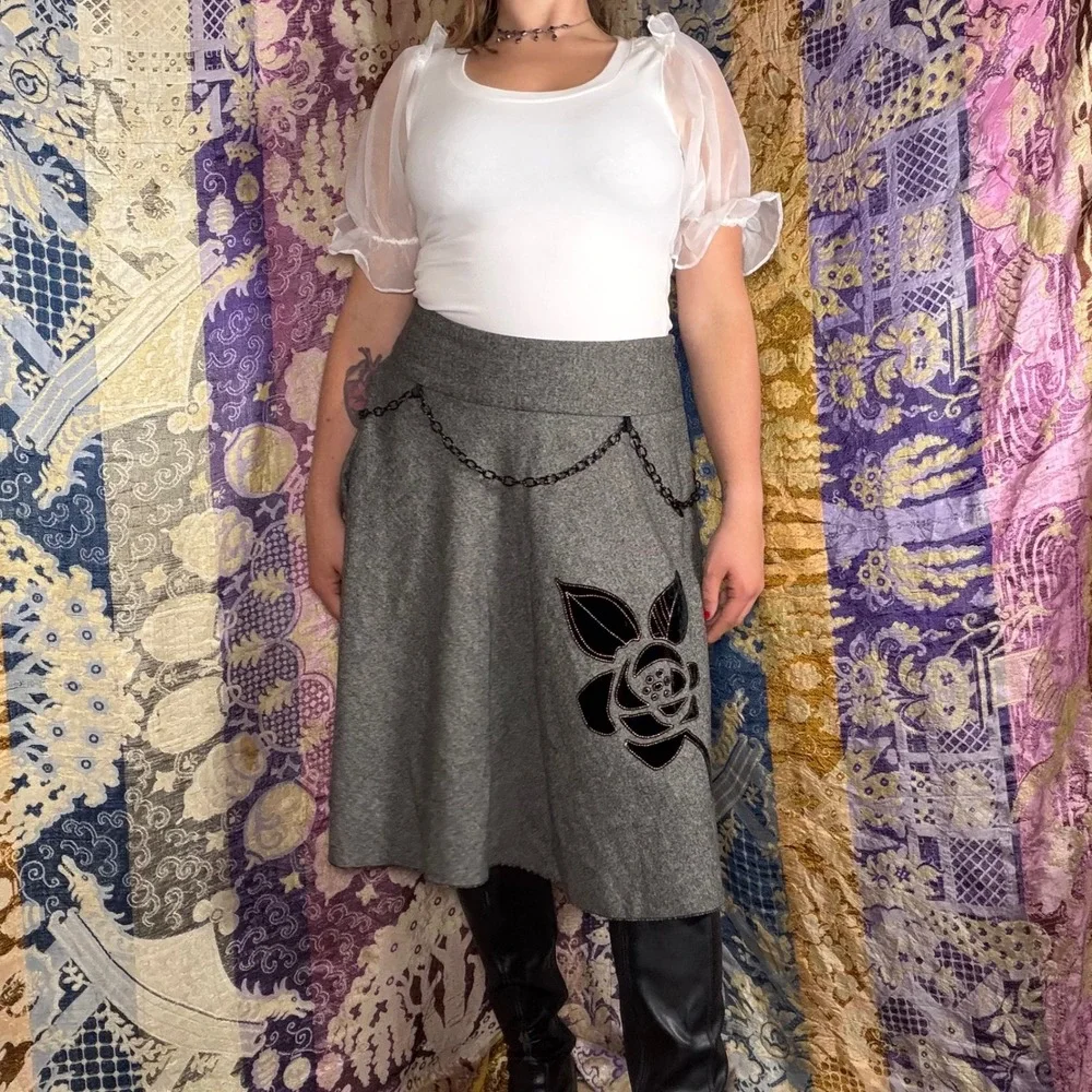 Wool Blend Steam Punk Velvet Floral Goth Fairy A-Line Knee Length Skirt Size M